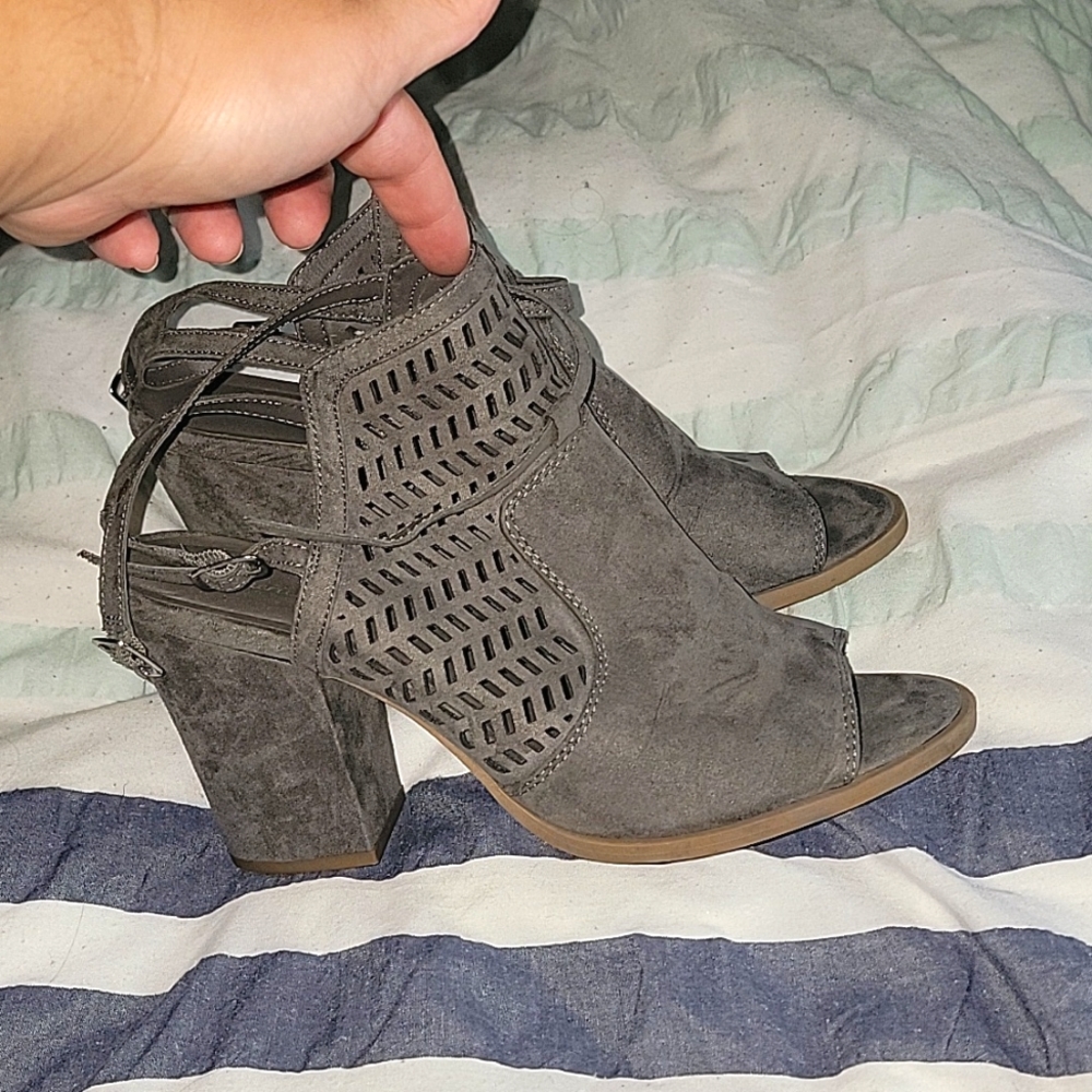 Gray heeled bootie sandal